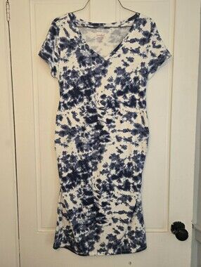 Tie-Dye V-Neck Short Sleeve Casual Dress Or Beach Coverup, Blue & White